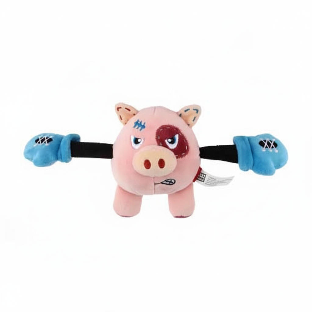 Plush Boxing Pig Squeaker Rope Dog Toy in pink