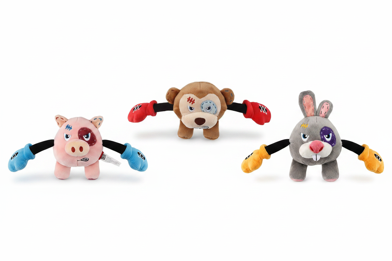 Plush Boxing Trio Dog Toy Bundle - Rabbit, Monkey and Pig